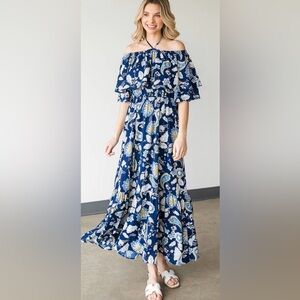 JODIFL Navy Paisley Off-Shoulder Maxi Dress with Ruffle